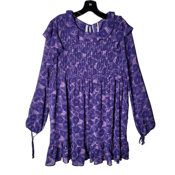 Free People Purple Floral Ruffle Long Sleeve These Dreams Mini Dress Size Sm - Picture 2 of 8
